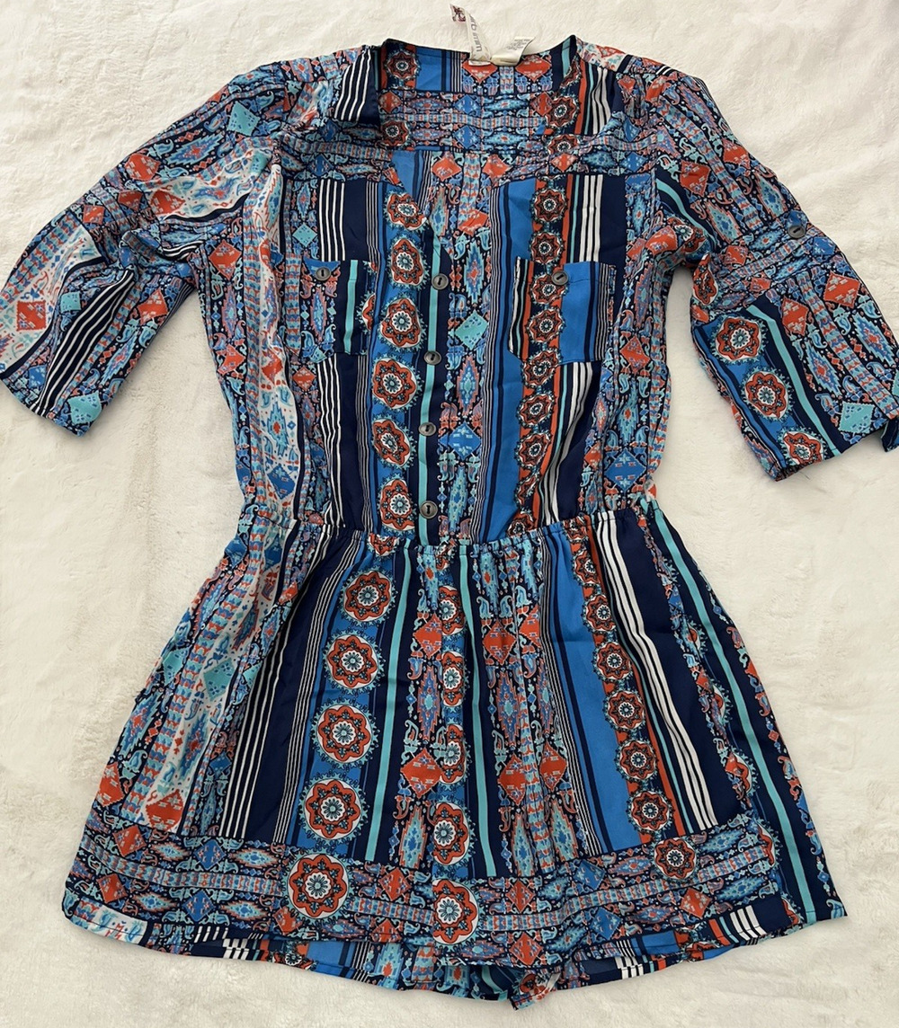 Mimi Chica Womens Boho Mini Dress Shorts Size Large Blue Paisley Casual